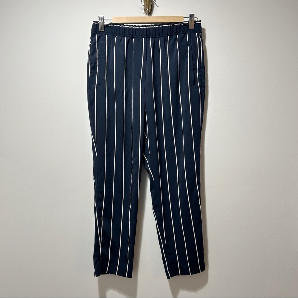 H&M Striped Ankle Trousers Size 6 Stetch Waist Lightweight Flowy Navy Blue White